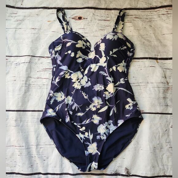 Athleta Aqualuxe Floral Print Square Plunge One Piece Swimsuit Size Large - Picture 2 of 5